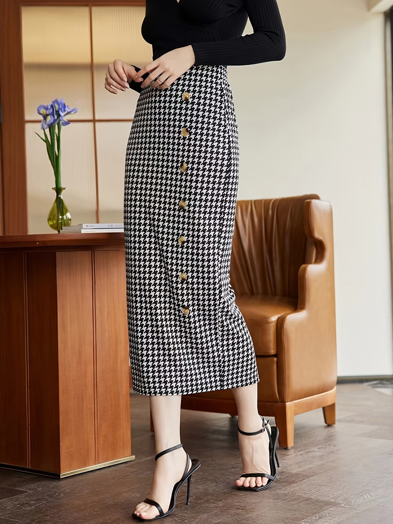 Houndstooth Button Elegant One Step Skirt, Skinny Maxi Back Split