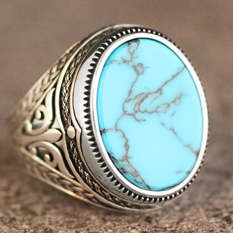 

Vintage Boho Ring Inlaid Large Oval Turquoise Zinc Alloy Match Daily Outfits Party Accessory Anniversary Birthday Gift For Your Love