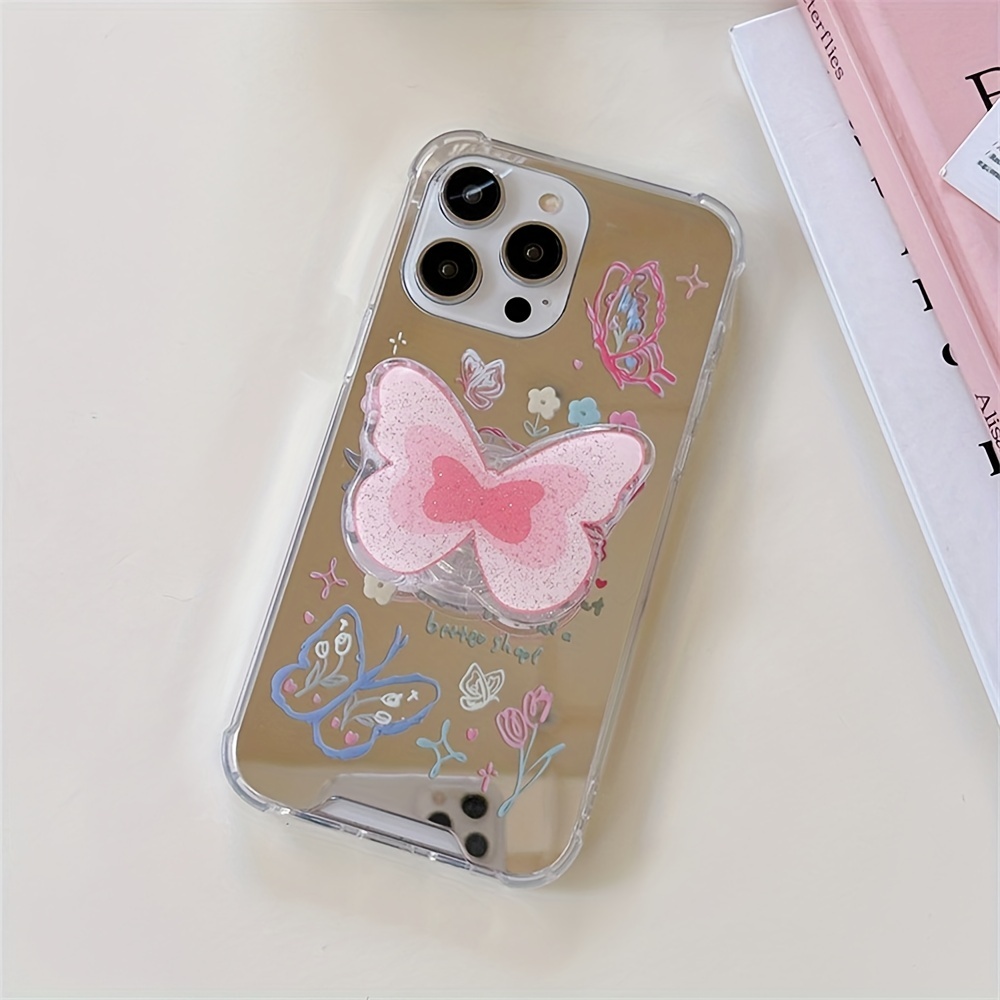 Korea Stylish Mirror Letter Colorful Flower Glitter Butterfly Bracket Soft  Phone Case For IPhone 14 Pro Max 13 12 11 Cute Four Corners Anti-drop Shock