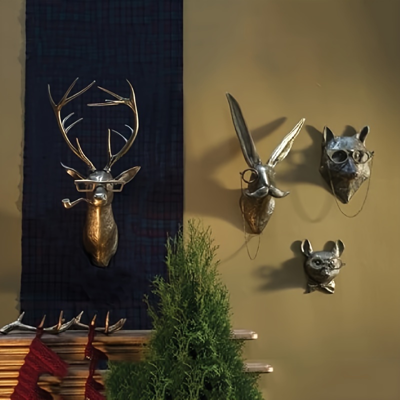 

1pc Antique Bronze Resin Animal Pendant Golden Deer Head Wall Storage Hook Up Background Wall Accessories Decorative Figurines, Garden Decor