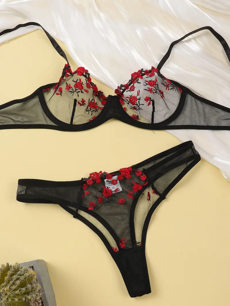 floral embroidery lingerie set mesh unlined bra thong womens sexy lingerie underwear details 6
