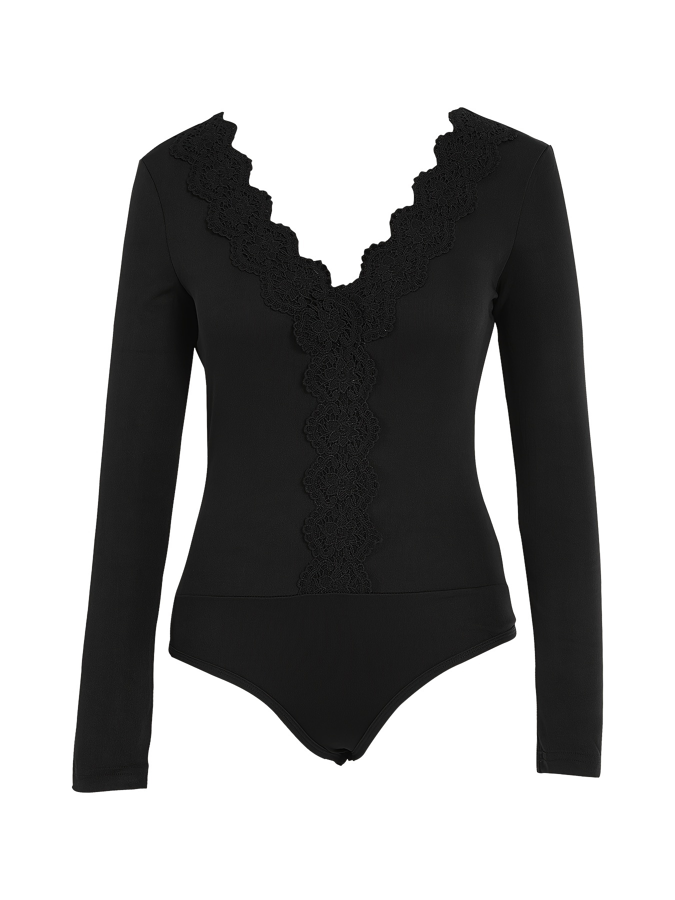 Douhoow Womens Black Lace Bodysuits Transparent Long Sleeve Deep V-neck  Jumpsuit