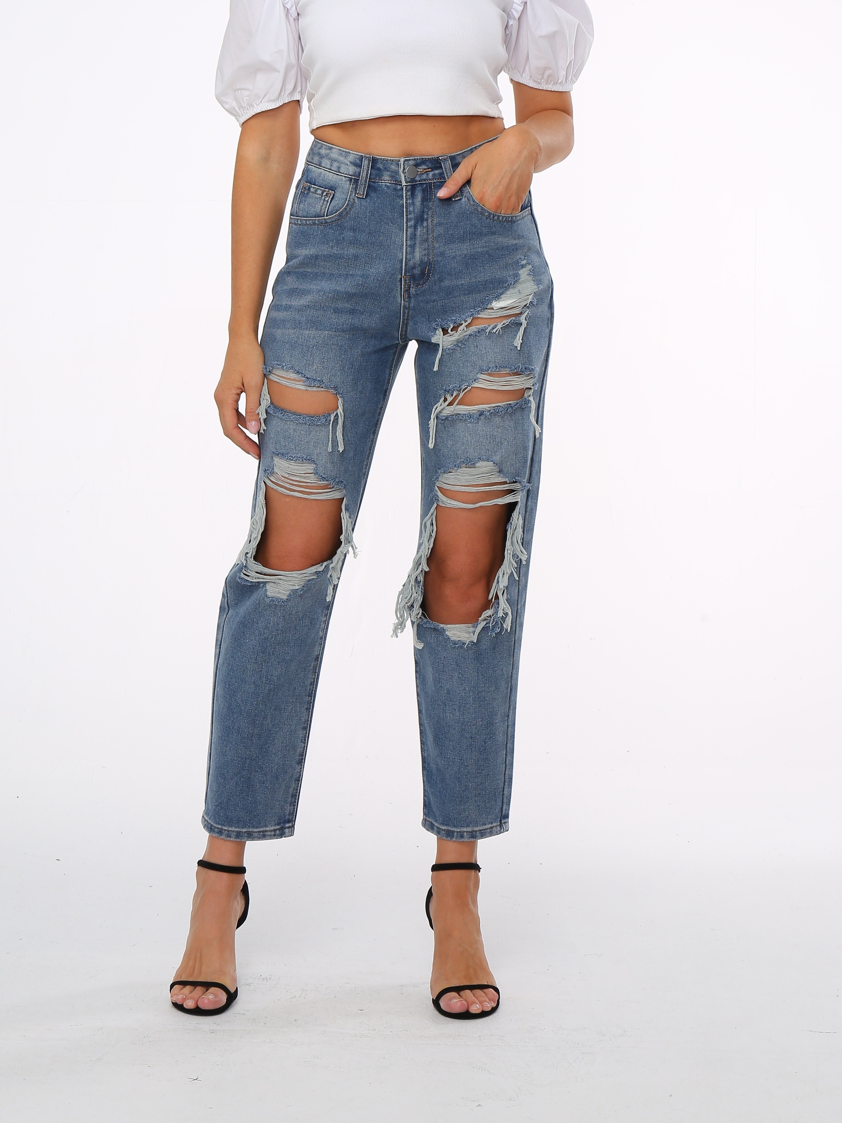 Washed Blue Cut Out Front Denim Pants Ripped Holes - Temu Mexico