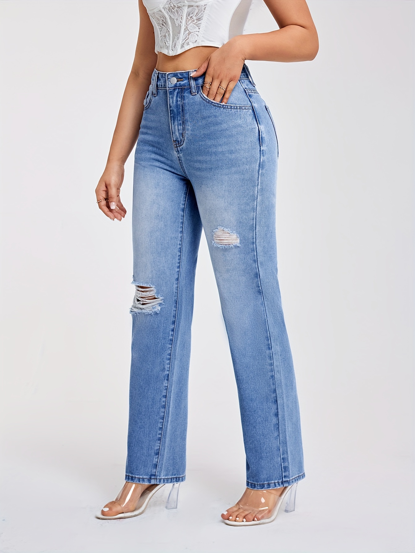 Blue Cut Straight Jeans Ripped Holes Loose Fit Non - Temu