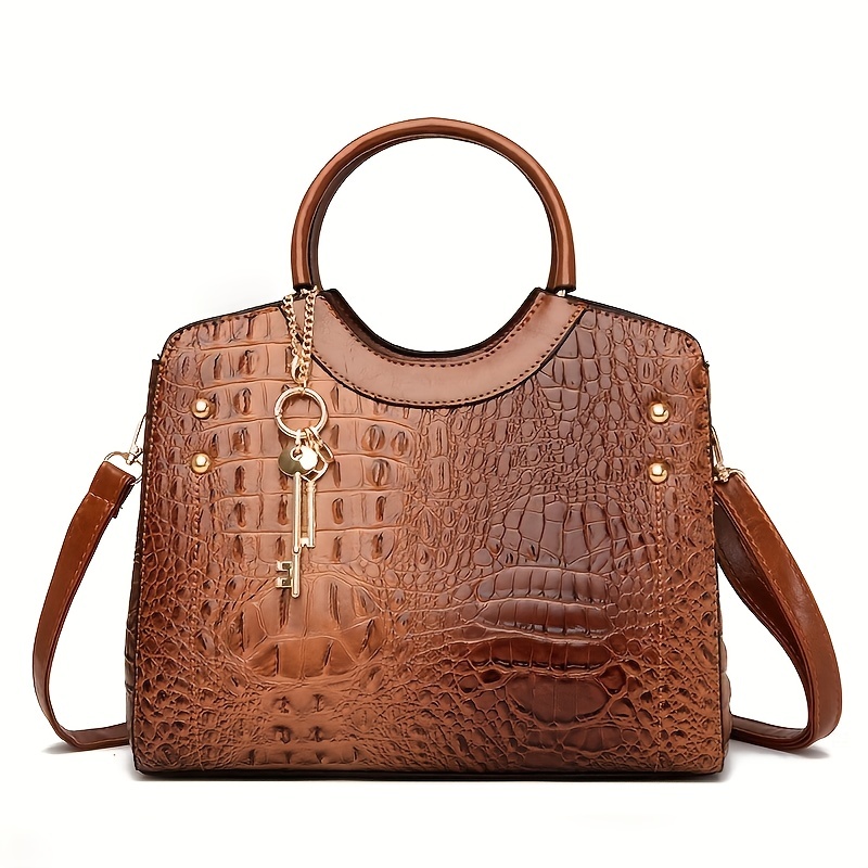 Crocodile Embossed Hand Bag Set, Zipper Shoulder Bag, Buckle Decor Clutch  Purse & Small Card Bag - Temu