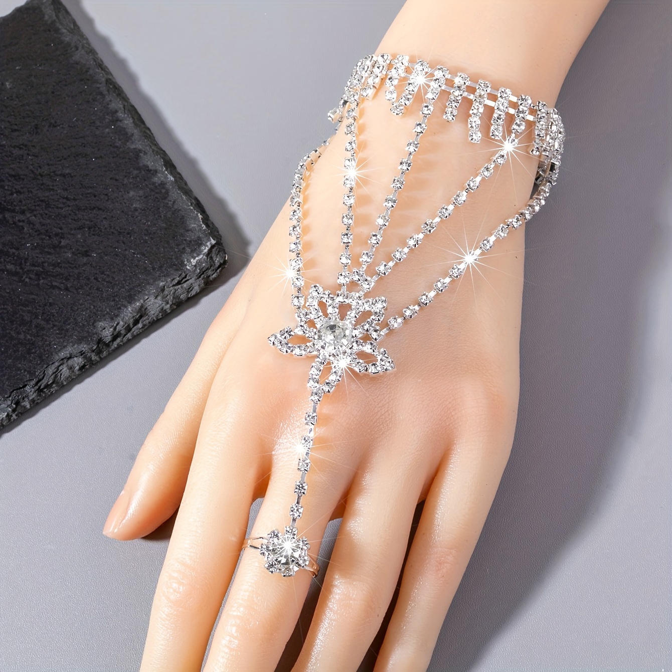 Rhinestone Bridal Bracelet Silver Wedding Hand Chain Sparkly Bangle Finger  Rings Hand Accessories for Women
