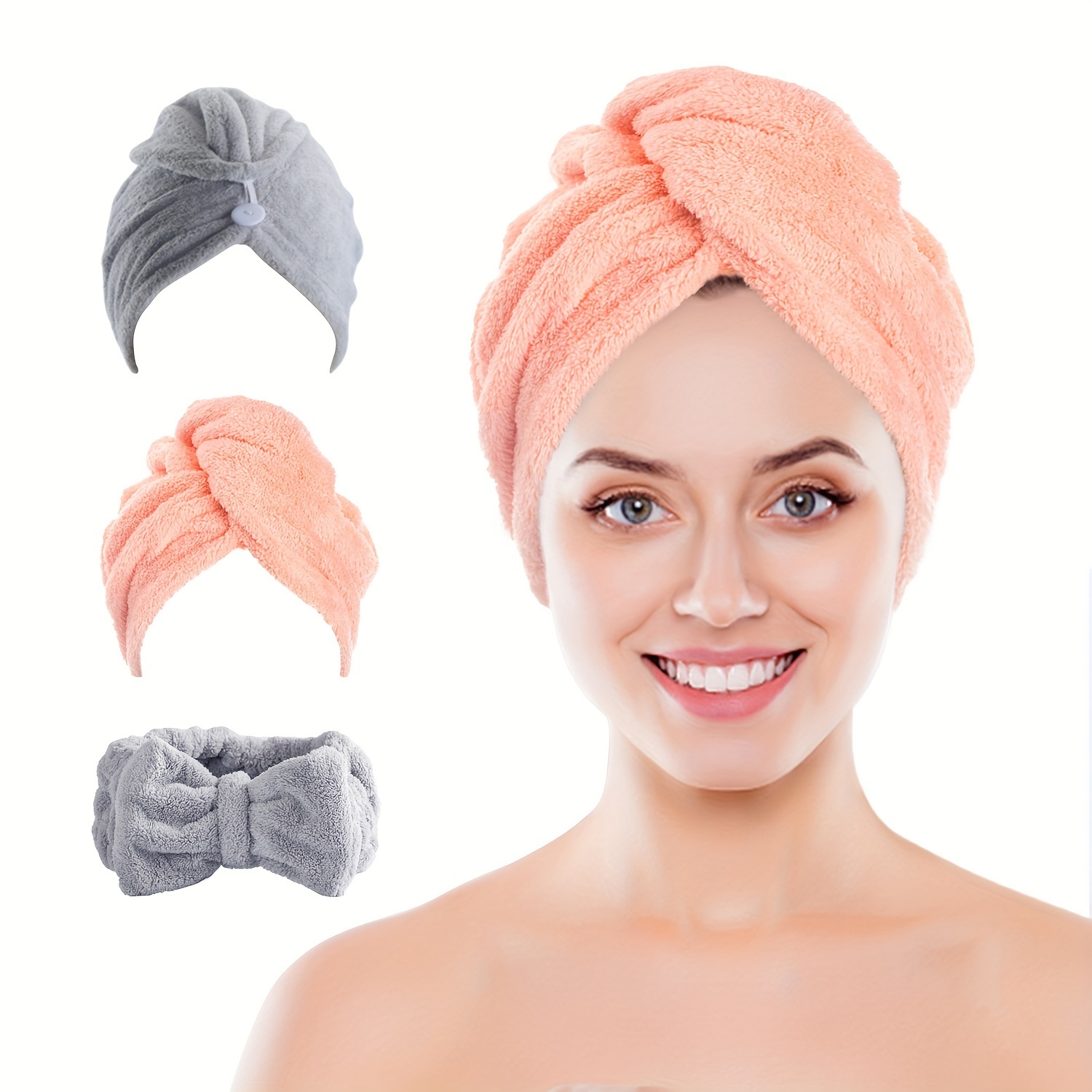 Toalla para el cabello, 3PCS Toalla para el cabello de microfibra Envoltura  Súper absorbente Turbante para el cabello de secado rápido con diseño de