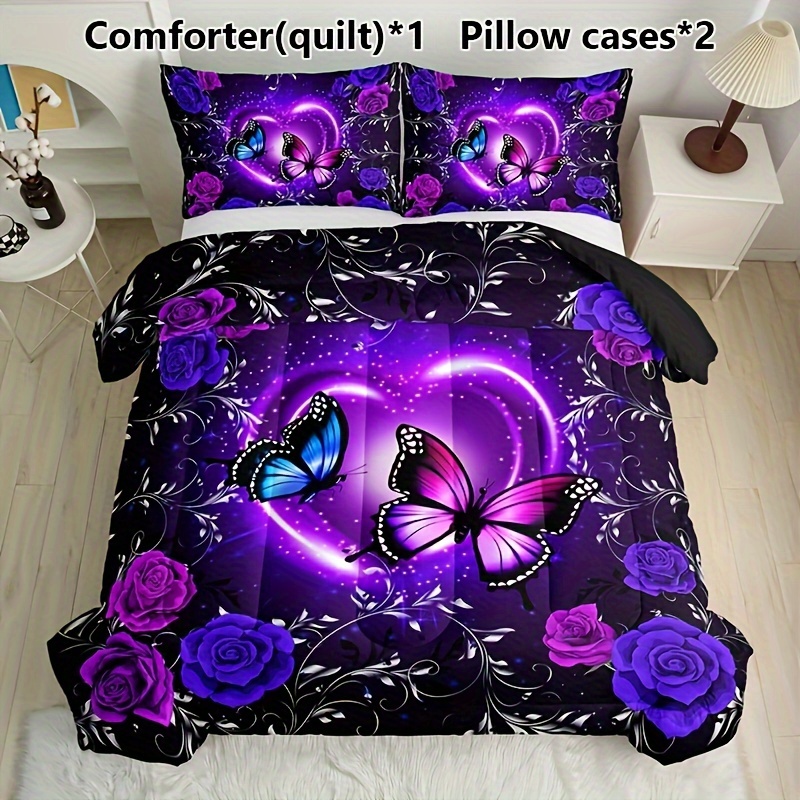 purple butterfly floral comforter set soft breathable Temu United Kingdom