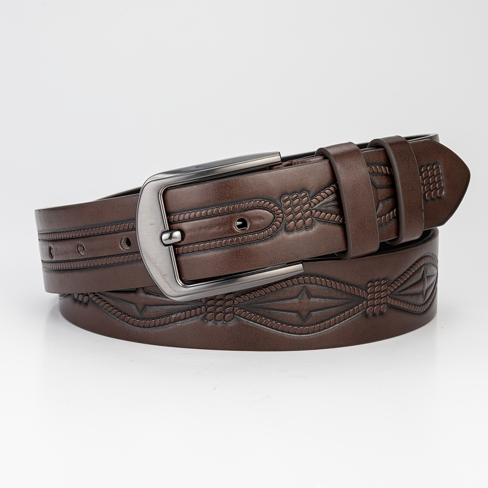 Men's Fashionable Khaki Small Square Print Pu Leather Belt - Temu