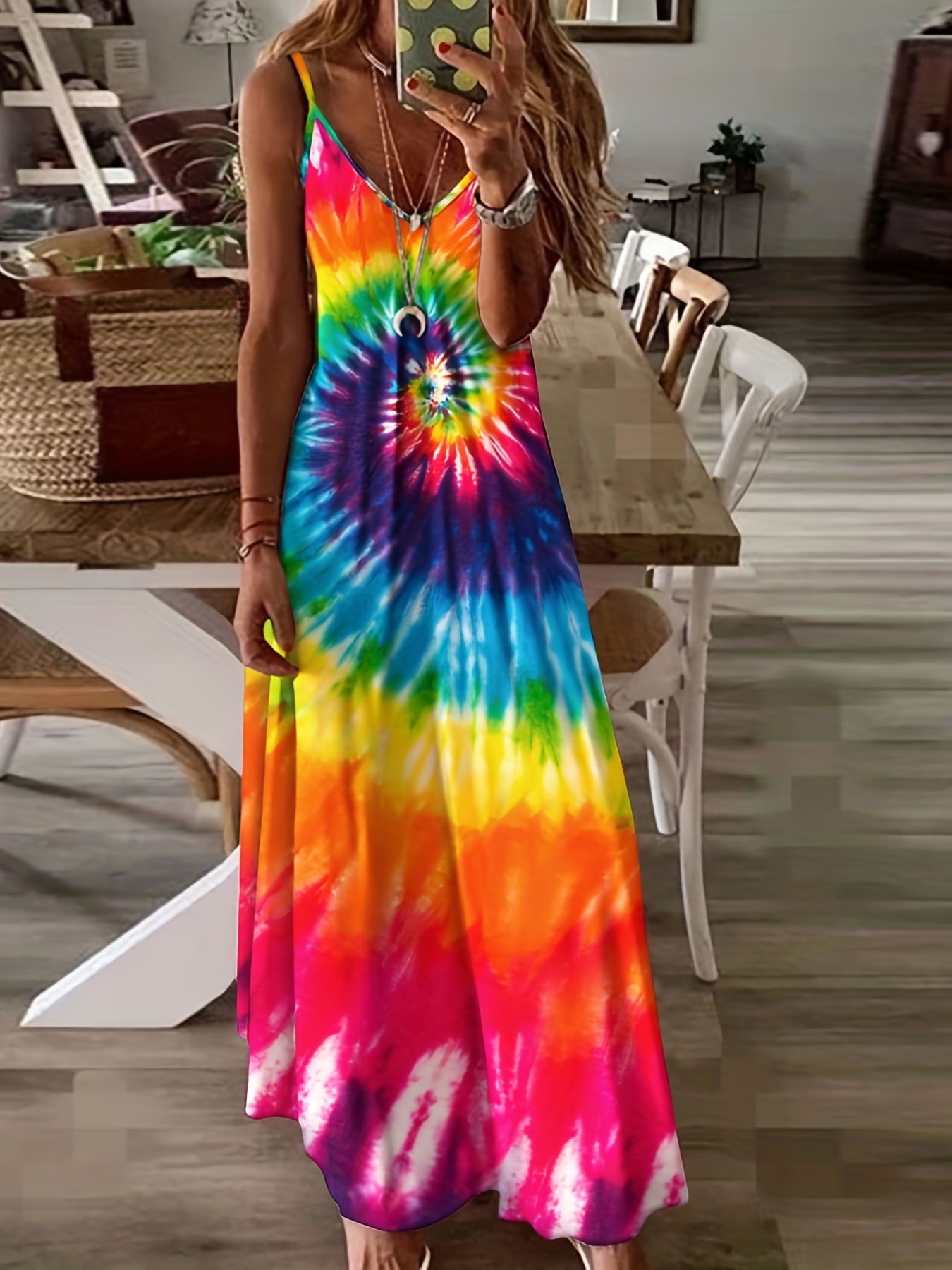 Tie Dye Print Maxi Dress, Casual V Neck Spaghetti Strap Dress, Women's  Clothing