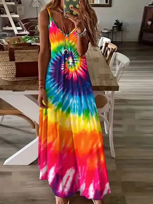 Tie Dye Print Maxi Dress Casual V Neck Spaghetti Strap Dress - Temu