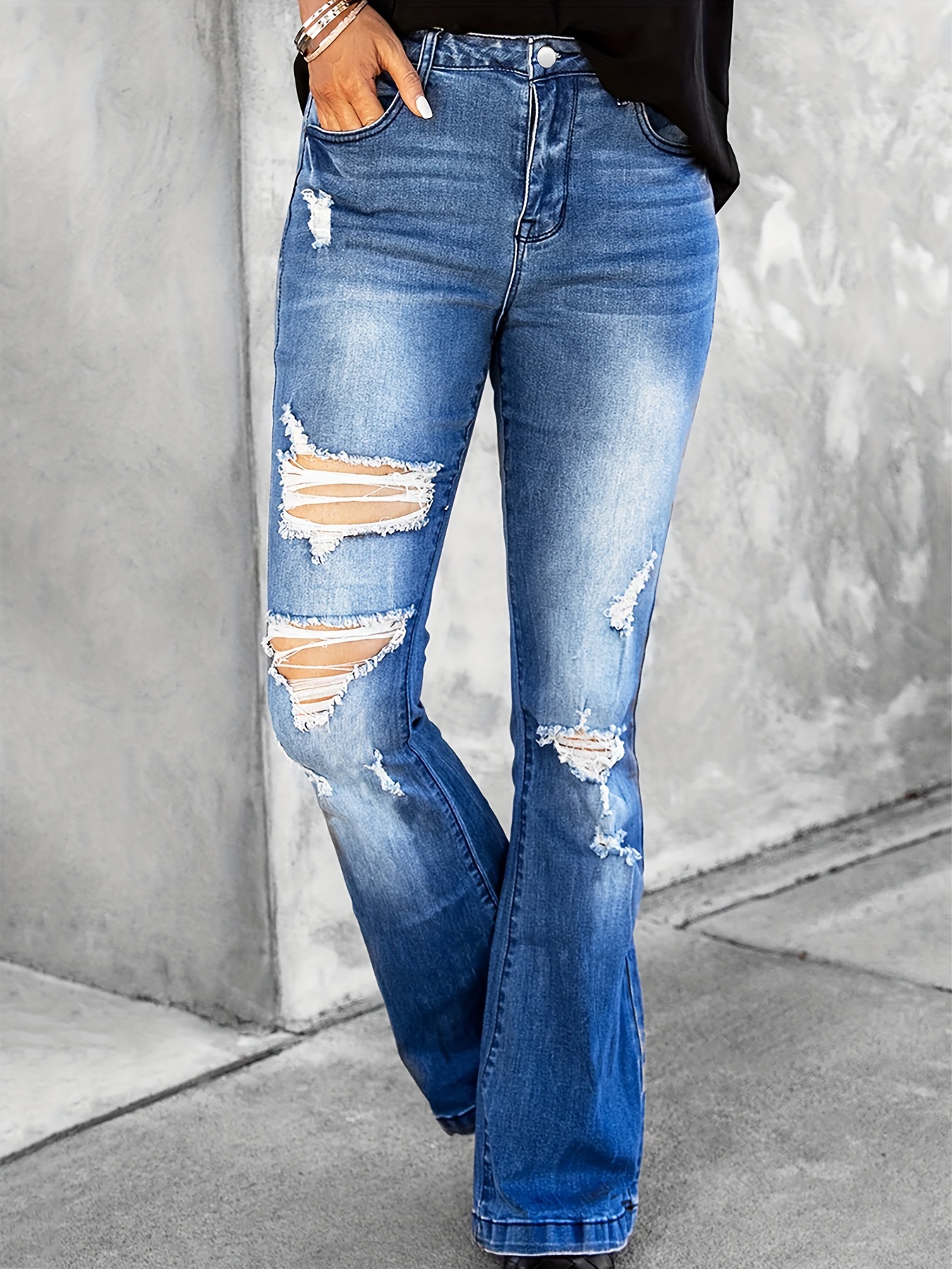Buckle Belt Decor Denim Flare Jeans Y2k Streetwear - Temu Philippines