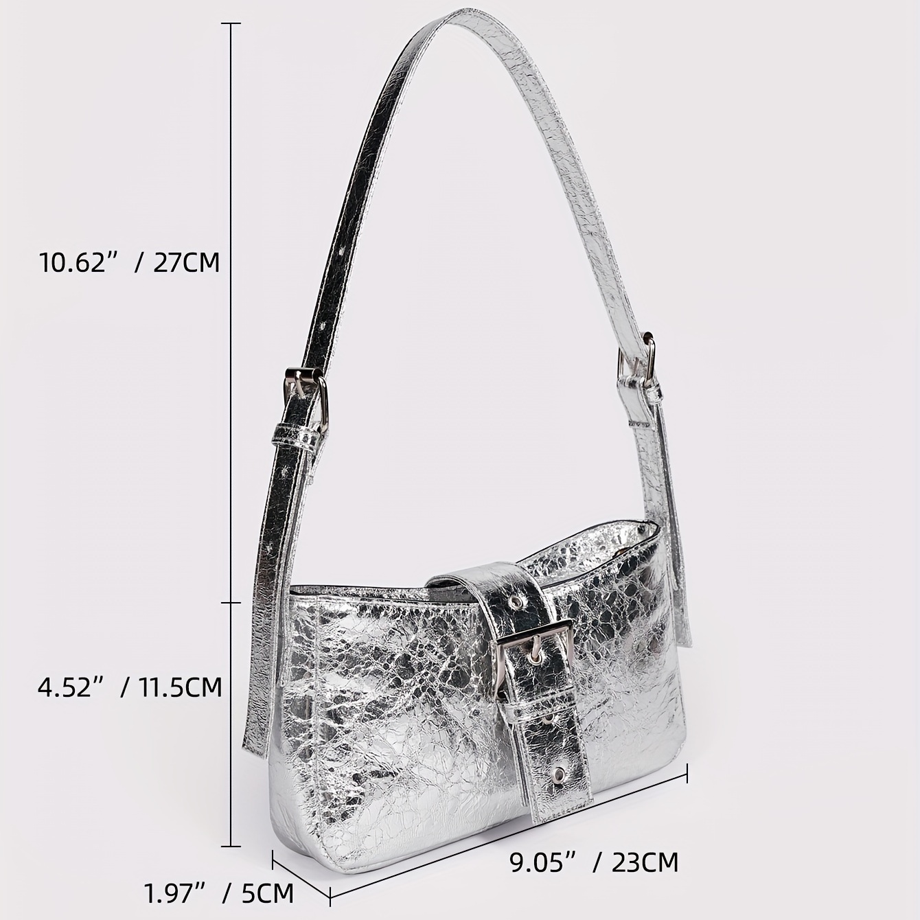 PU Leather Buckle Decor Shoulder Bag with Silver Zipper