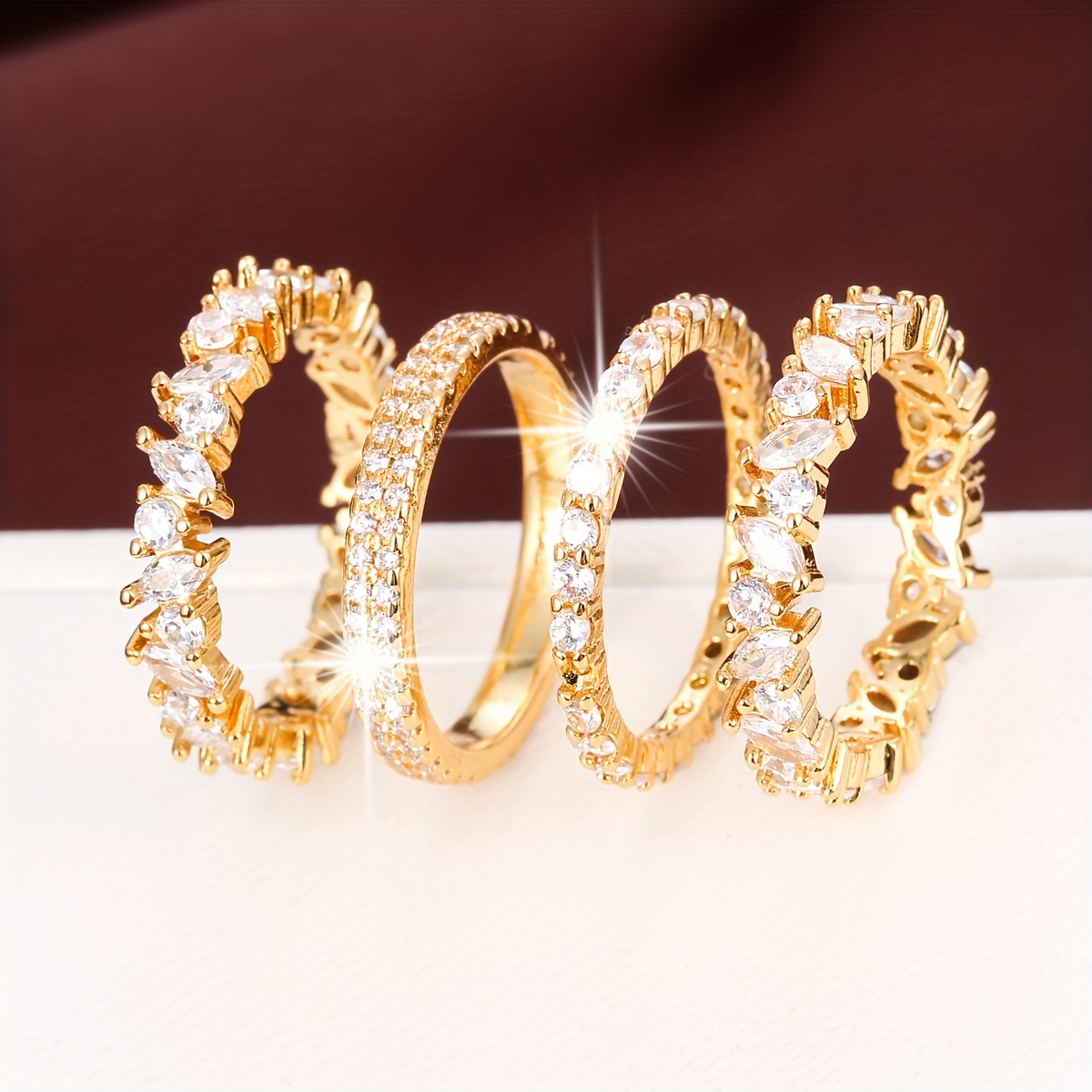 

Chic Stacking Rings Sparkling Band Paved Shining Zirconia Golden Or Silvery Make Your Call Match Daily Outfits Party Accessories