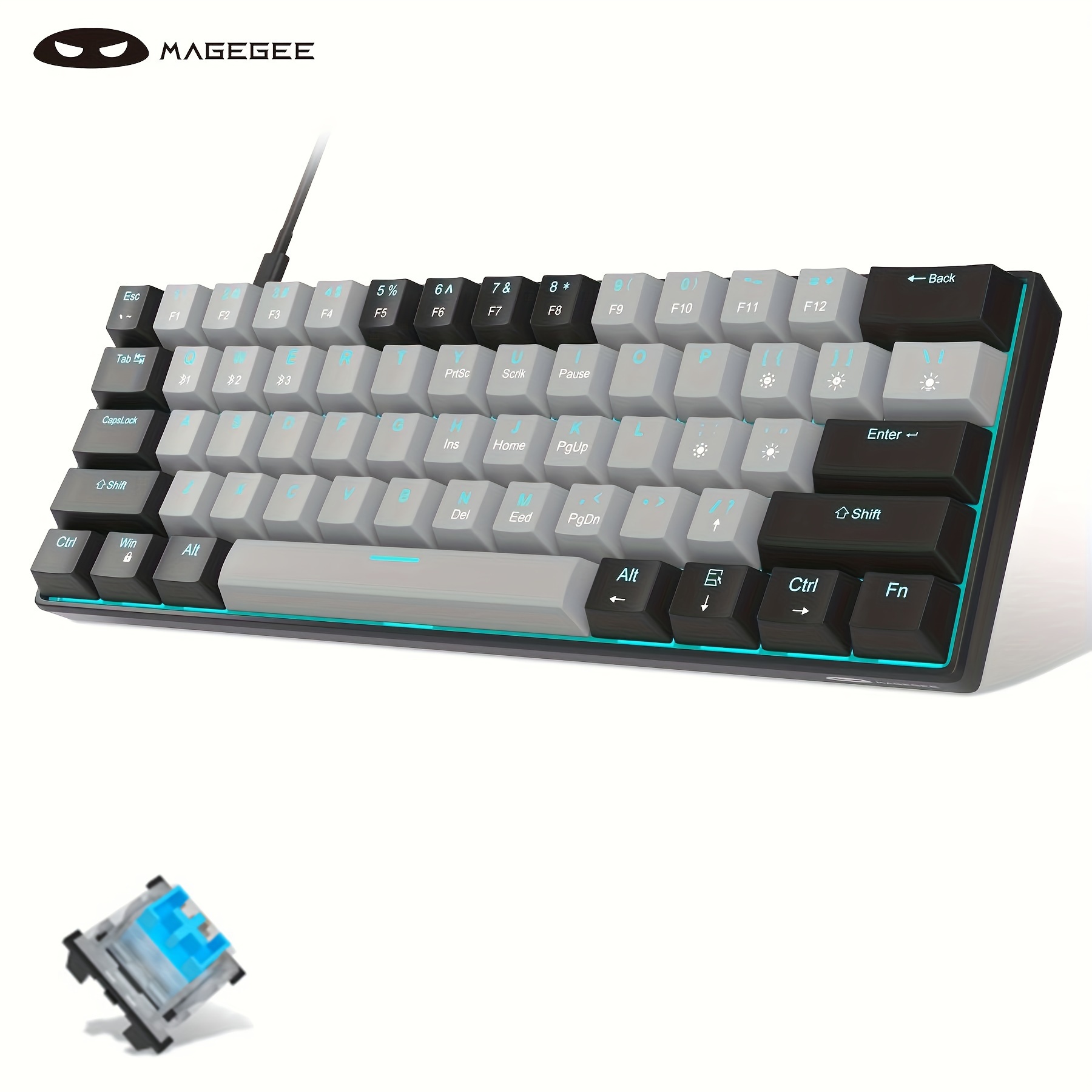 

60% Mechanical Keyboard, Gaming Keyboard With Blue Switches And Sea Blue Backlit Small Compact 60 Percent Keyboard Mechanical, Portable 60 Percent Gaming Keyboard Gamer