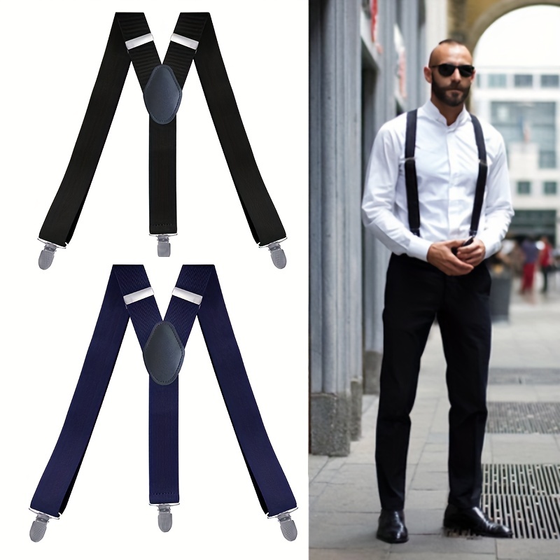 Mens Suspenders With 6 Metal Protection Clips Elastic Adjustable Y
