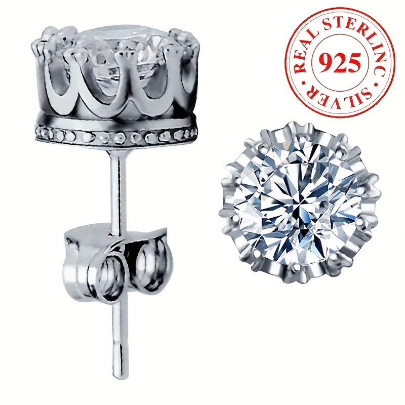 

925 Sterling Silver Hypoallergenic Crown Design Stud Earrings Sparkling Zircon Inlaid Elegant Luxury Style Female Wedding Earrings