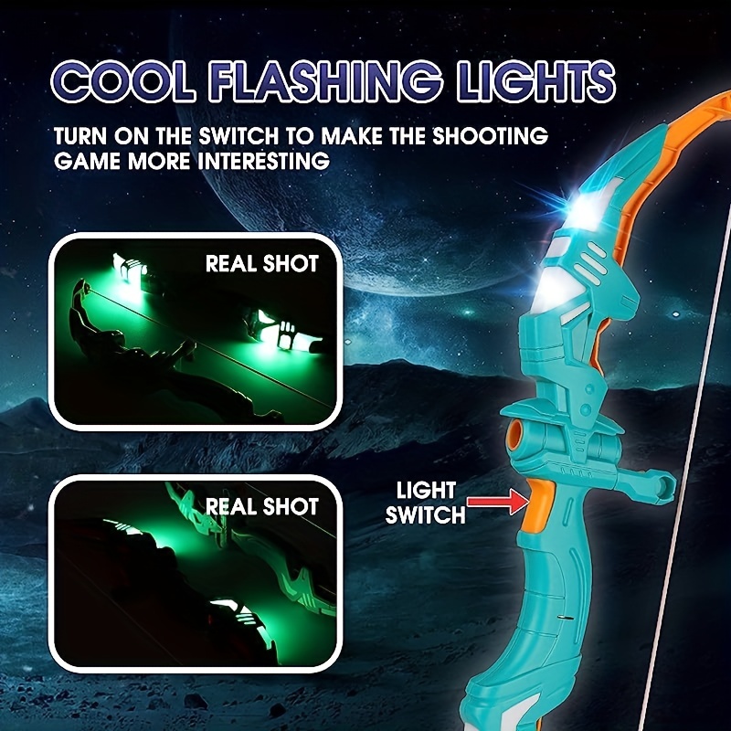 Juego de arco y flecha para niños, juego de tiro con arco con luz LED,  incluye 10 flechas de ventosa, 4 objetivos y carcaj con correa de hombro