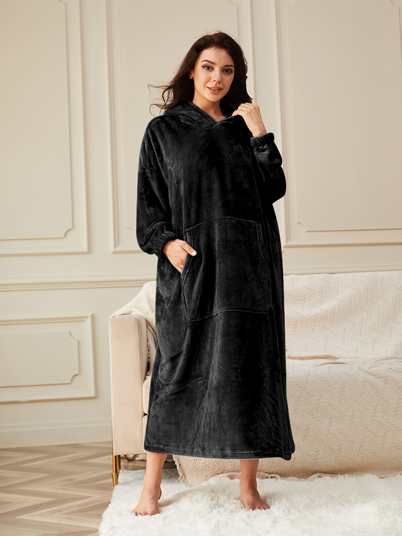 Casual Comfy Solid Color Hooded Bathrobe Warm Fuzzy Flannel - Temu