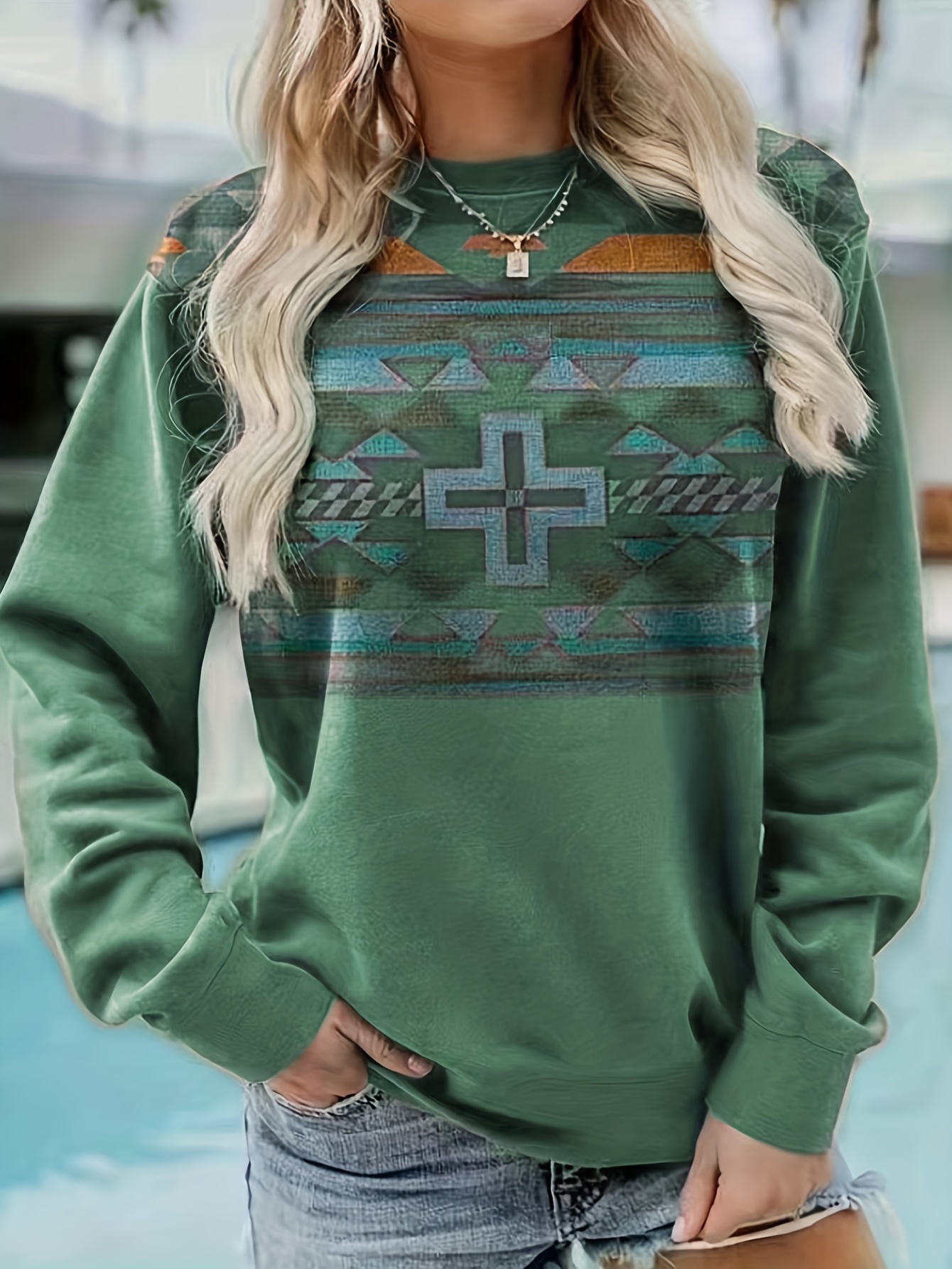 Western Aztec Print Crew Neck Pullover Sweatshirt Casual - Temu