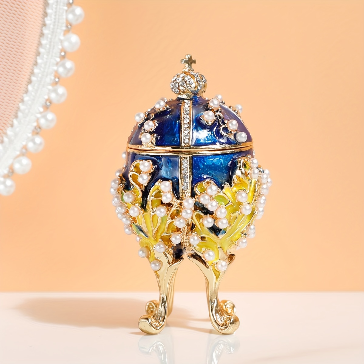 Hand Painted Enameled Egg Shape Box, Unique Trinket Box
