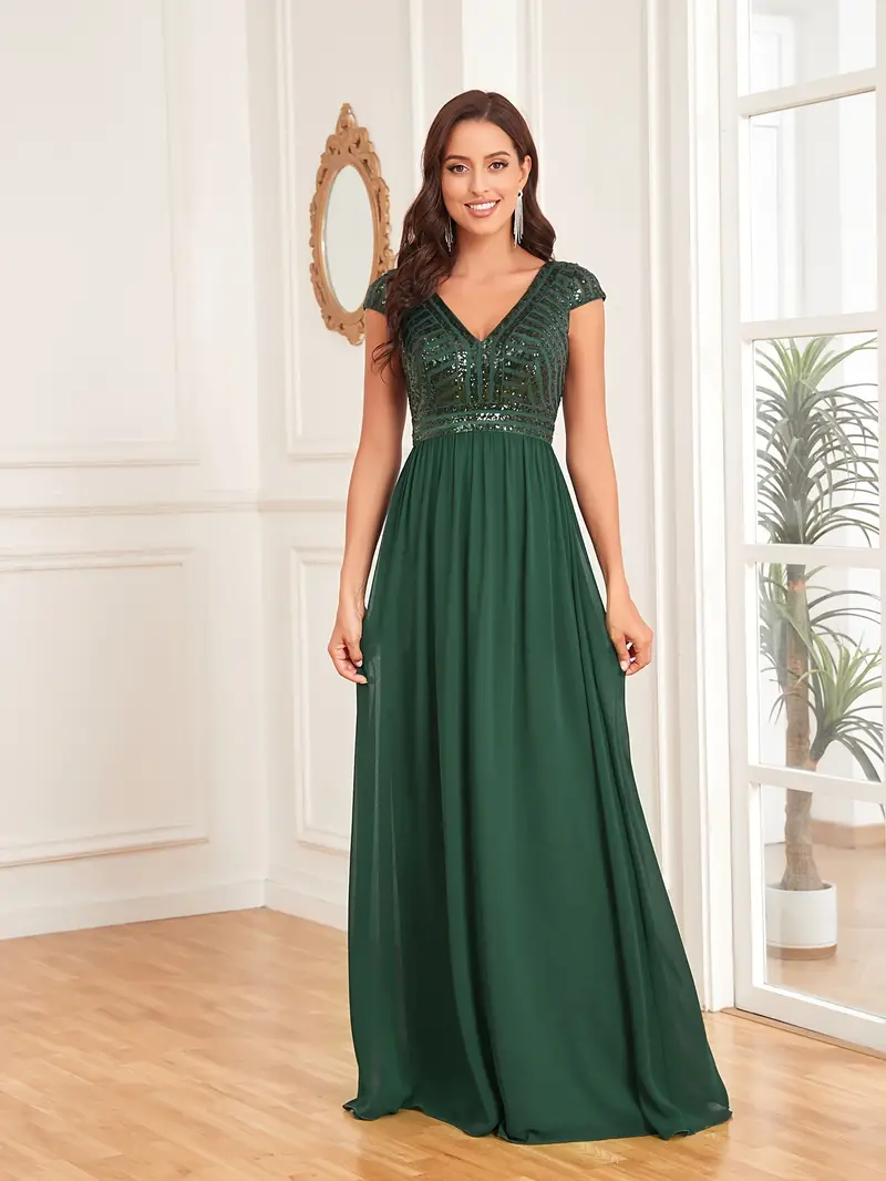 Sequin Sleeve Dress Elegant V Neck Maxi Dress Wedding - Temu Canada