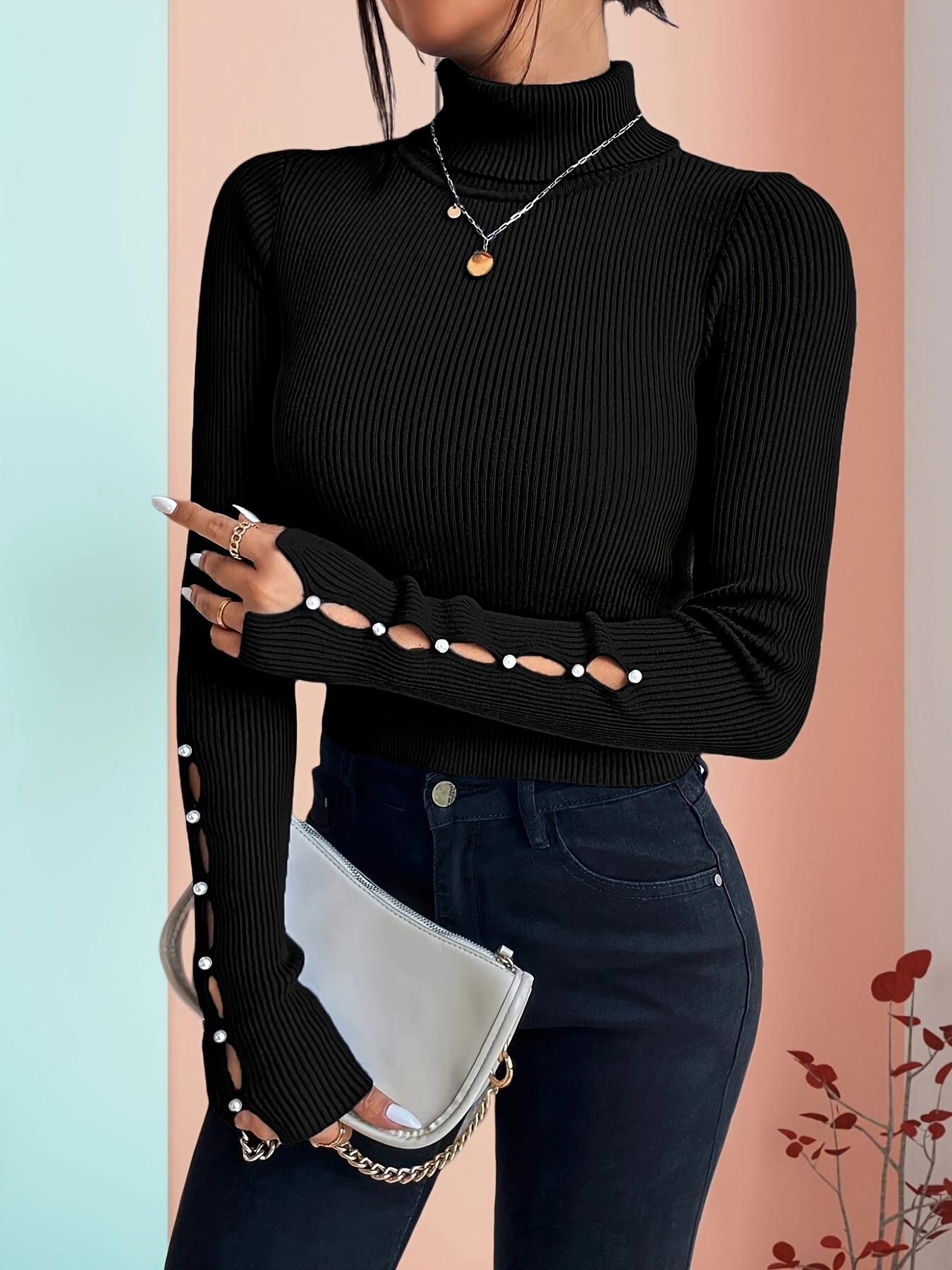 Black Cut Out Turtle Neck Bodysuit, Knitwear