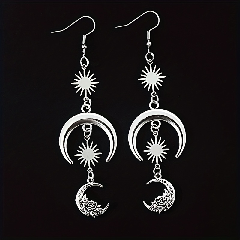 

Silvery Sun Moon Flower Design Dangle Earrings Alloy Jewelry Goth Style Exquisite Gift For Women Girls Daily Casual