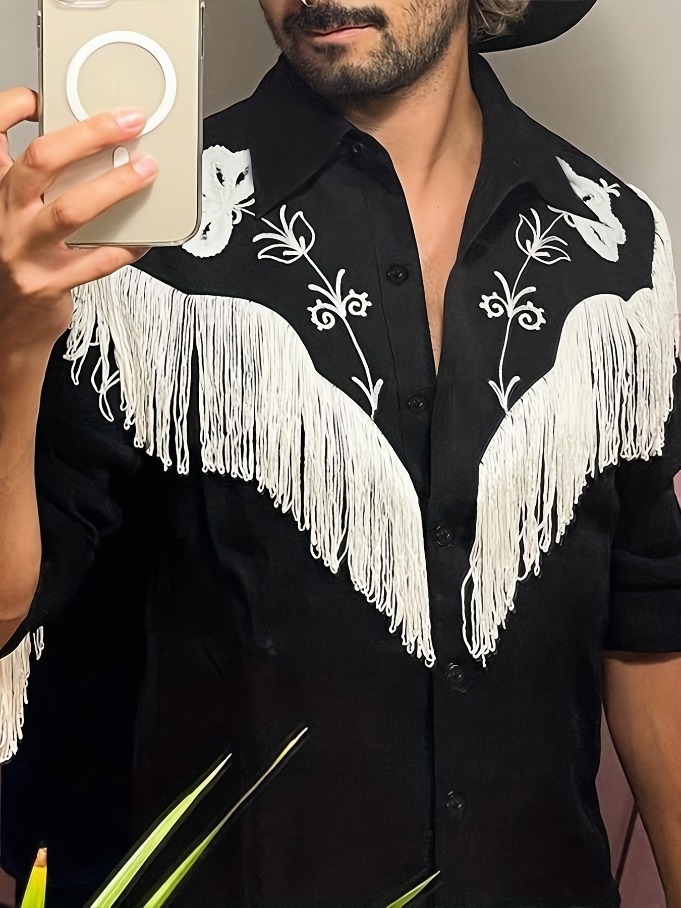 Men's Long Sleeve Retro Cowboy Old West Shirt Disco Shirt With Tassel Casual Beach Tops Festival Party Dress Shirt V-Neck Tops For Men, Coquette