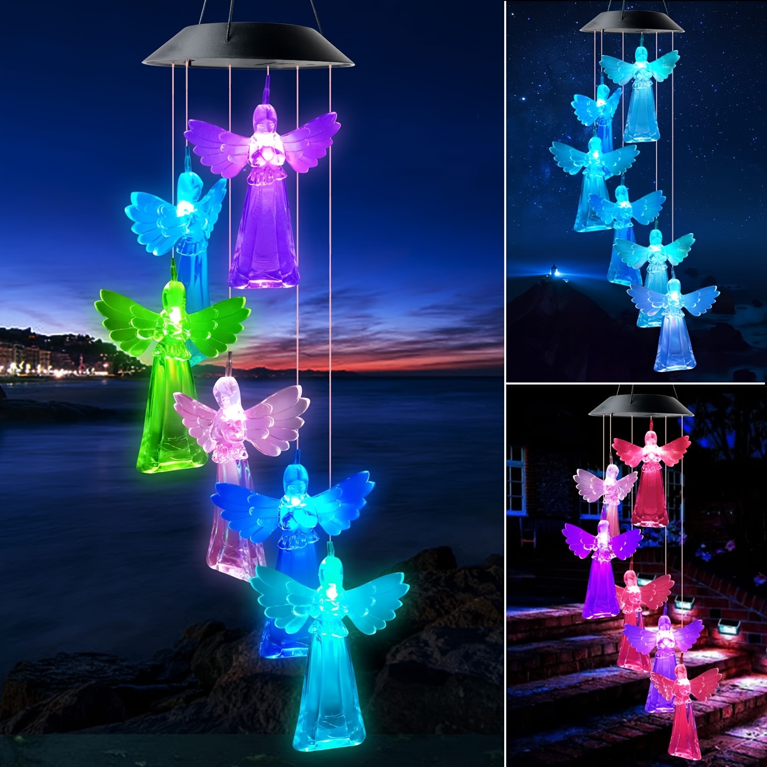 Carillon éolien lumineux coloré, 6 ampoules LED, lampe de paysage, lampe de  nuit, lumières solaires décoratives à suspendre pour patio, jardin :  : Cuisine et Maison