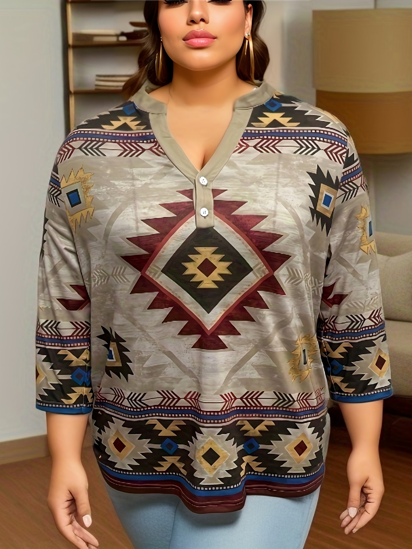 Plus Size Boho Cardigan Women's Plus Aztec Print Long Sleeve - Temu
