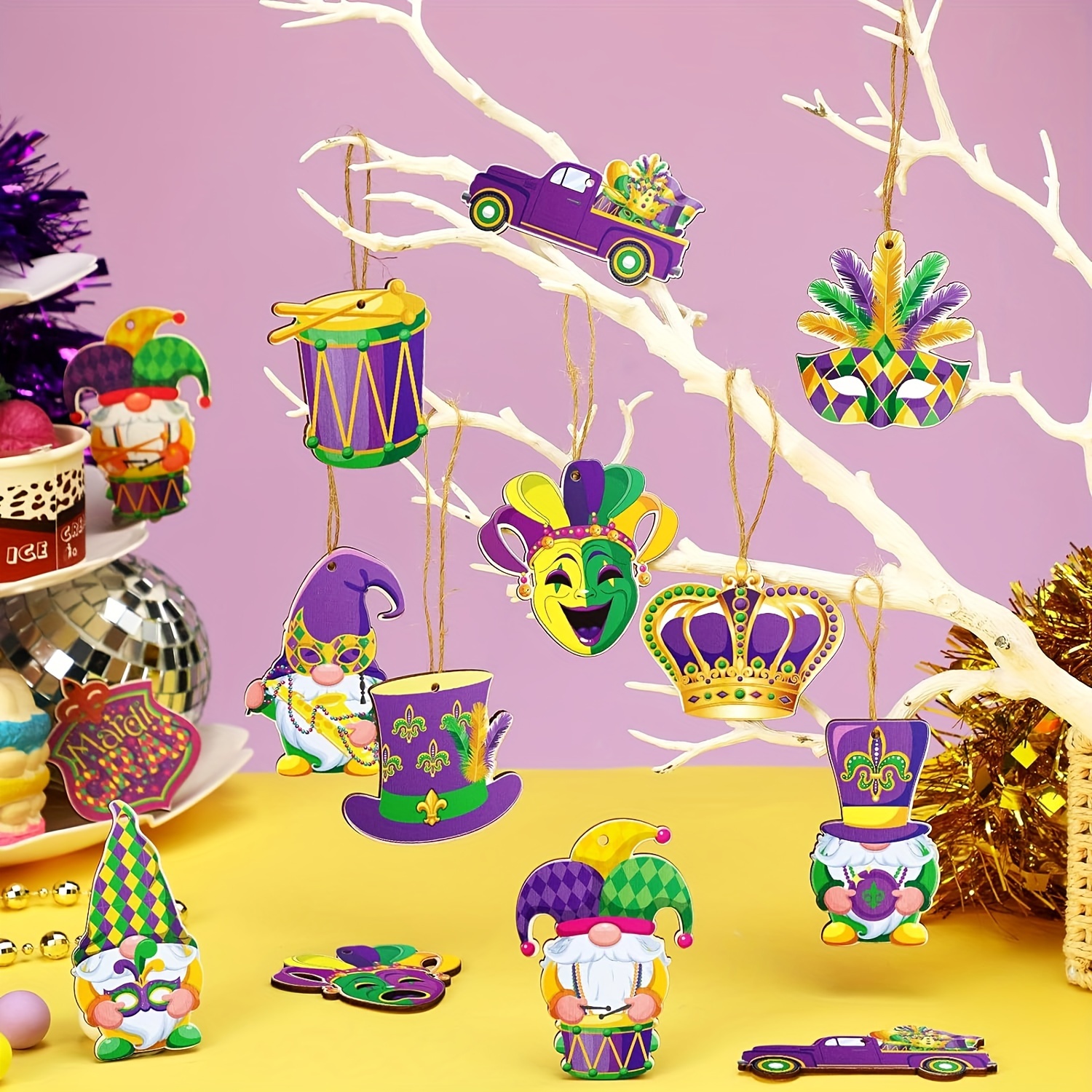 36 Pcs Mardi Gras Ornaments Decorations, Wooden Mardi Gras Hanging  Ornaments Purple Yellow Green Carnival Masquerade Tree Ornaments Crown Mask  Wooden
