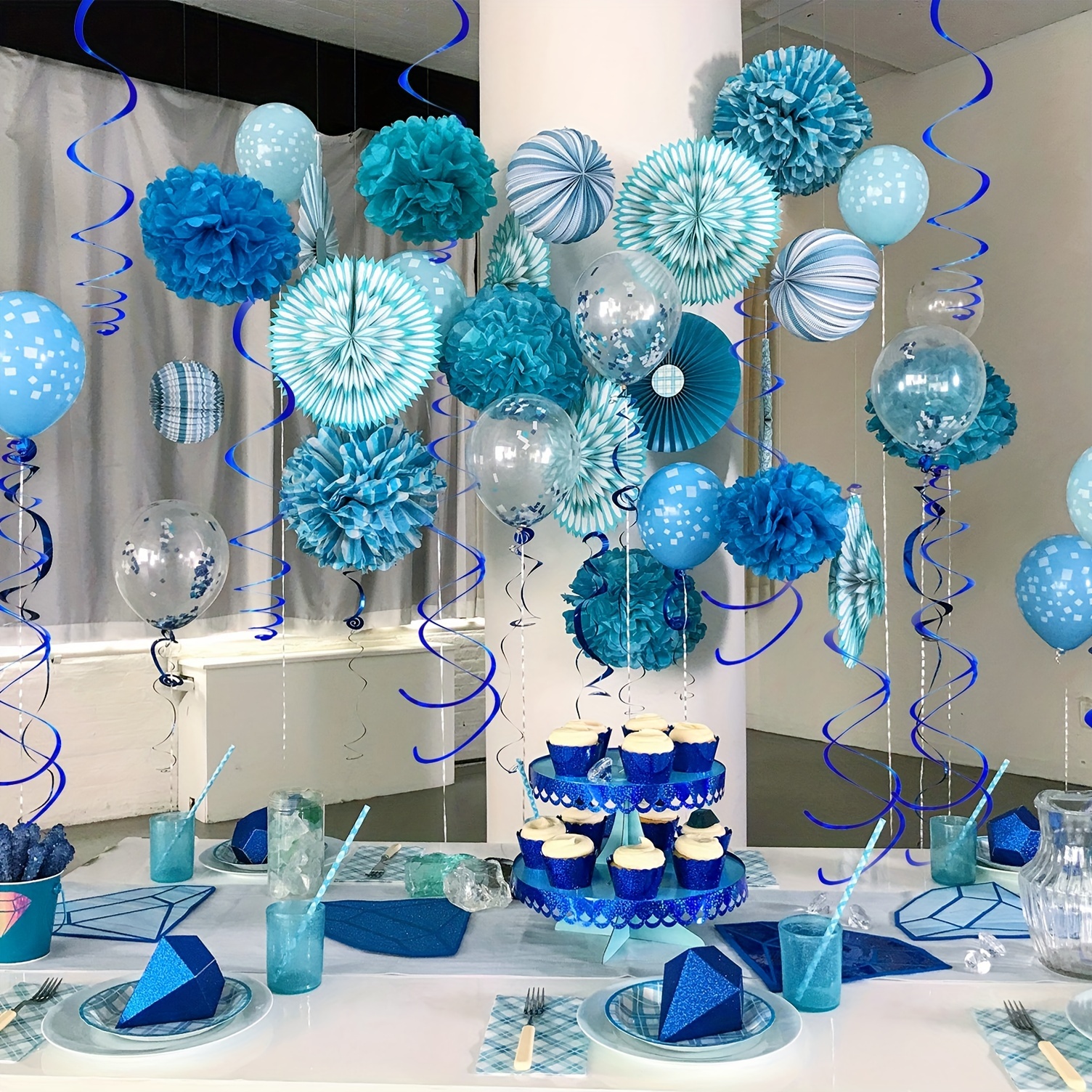Party Decorations Hanging Foil Spirals Multicolor Blue Streamers Blue  Ribbon