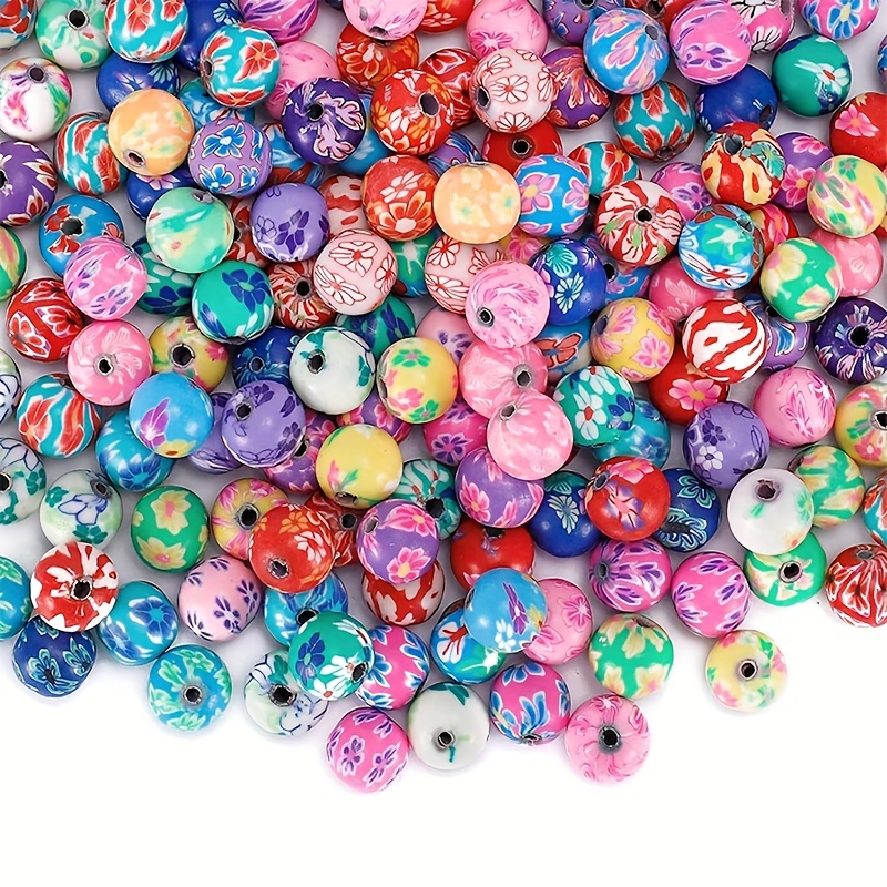 

50/100pcs Colorful Flower Pattern Soft Clay Round Beads For Diy Jewelry Making