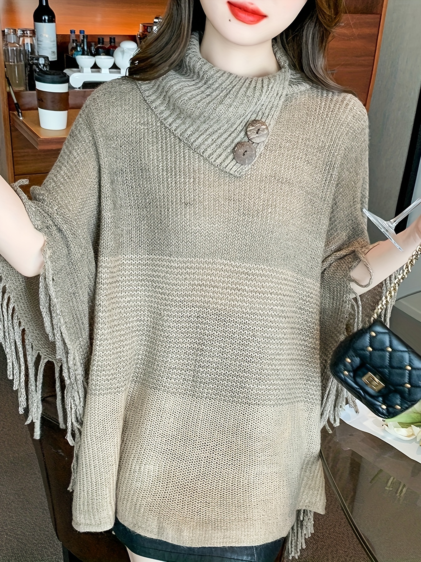 Trendsi Faux Fur Trim Cable-Knit Poncho