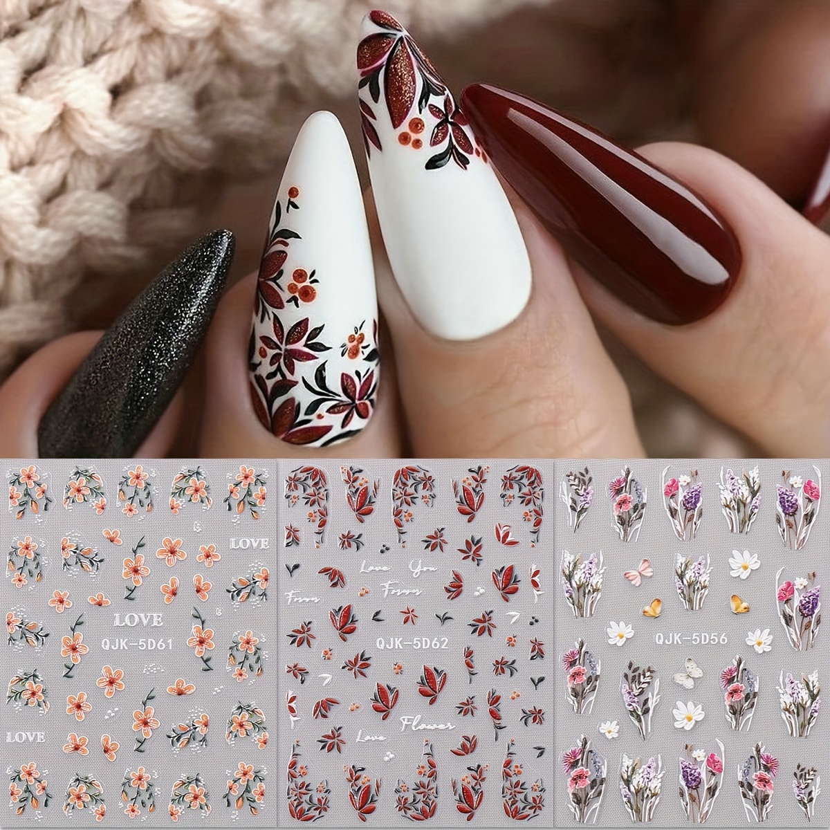 

3 Sheets 5d Embossed Nail Art Sticker Spring Flowers Nail Design Stickerlovely Flower Clusters, Orange Five-petal Flowers Acrylic Nails Design Manicure Decorations Easter