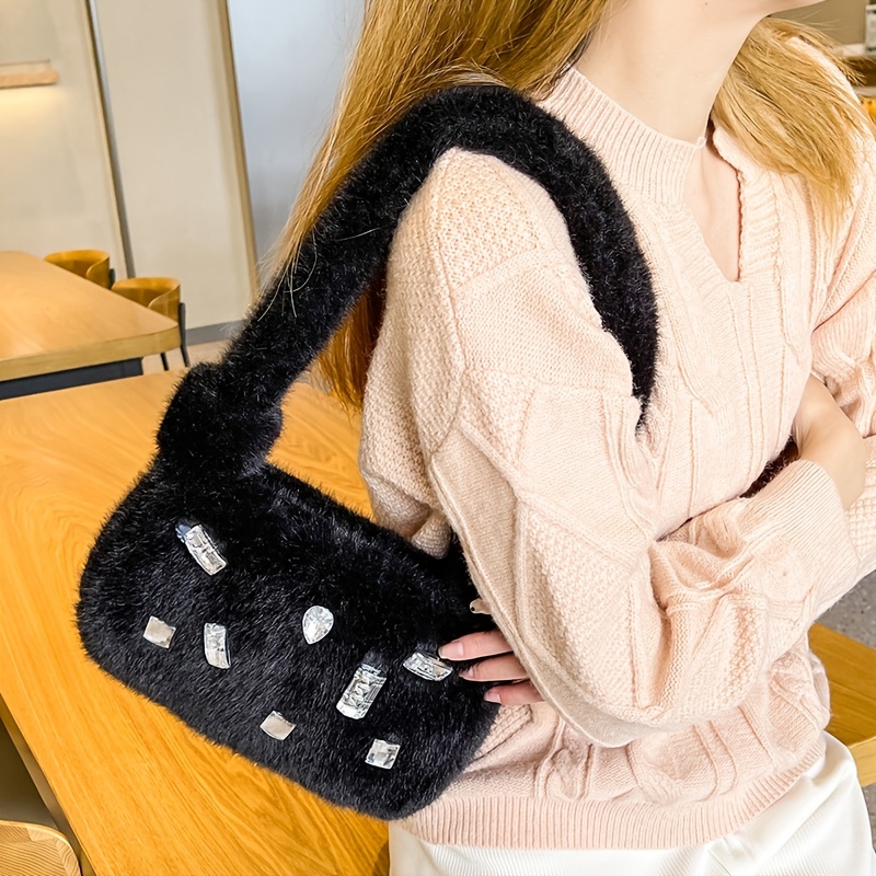 Y2k Plush Tote Bag, Fluffy Aesthetic Fuzzy Underarm Bag, Women's Stylish  Every Day Shoulder Bag & Purse - Temu