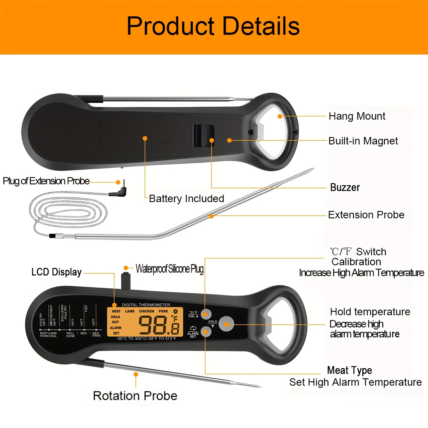 Digital Meat Thermometer for Cooking, Instant Read Meat Thermometer with Foldable Probe, Backlight, Calibration, Magnet, Waterproof Dual Probe Food
