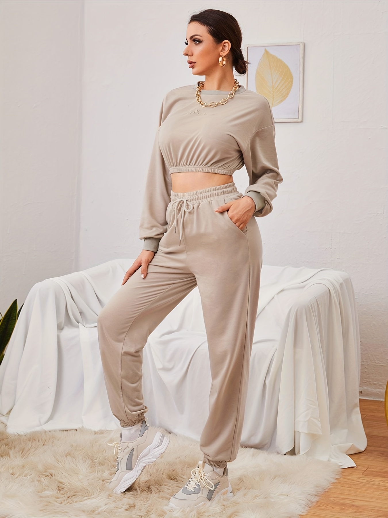 Solid Casual Two piece Set Crew Neck Long Sleeve Cropped - Temu
