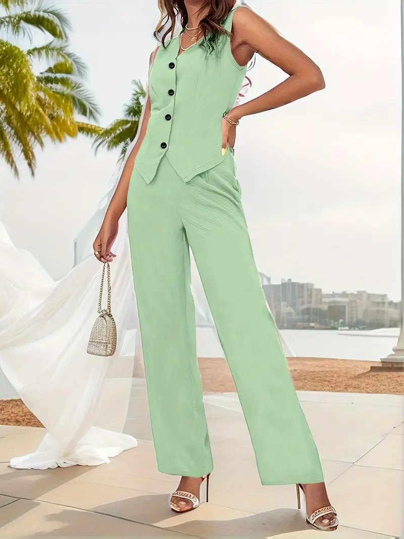 Solid Elegant Two piece Set Button Front Sleeveless Vest - Temu Canada