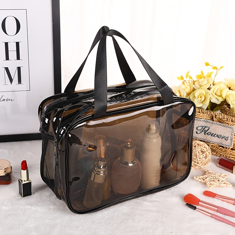 Clear Small Makeup Bag with Zipper, Nylon&PVC Cosmetic Travel Bag Preppy  TSA Approved Toiletry Bag for Women Girls, Transparent Waterproof Makeup