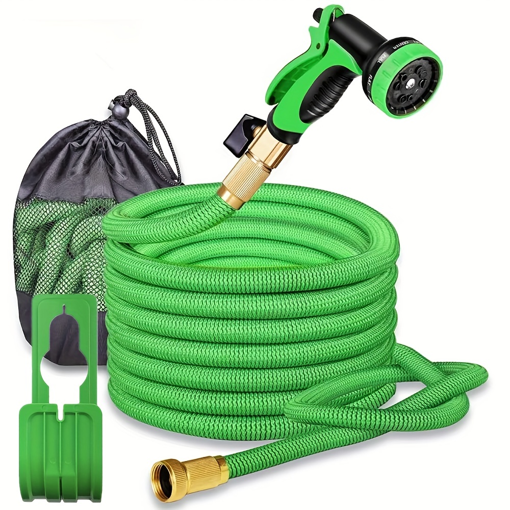 1pc Expandable Garden Hose With 10 Functions Spray Nozzle, Metal Connectors  Hanger And Storage Bag 50FT/100FT Green