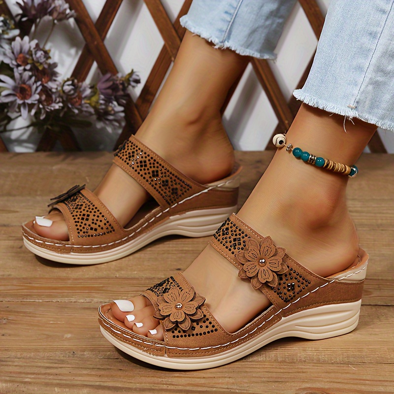 Women Summer Mid Heel Wedge Sliders Casual Peep Toe Buckle