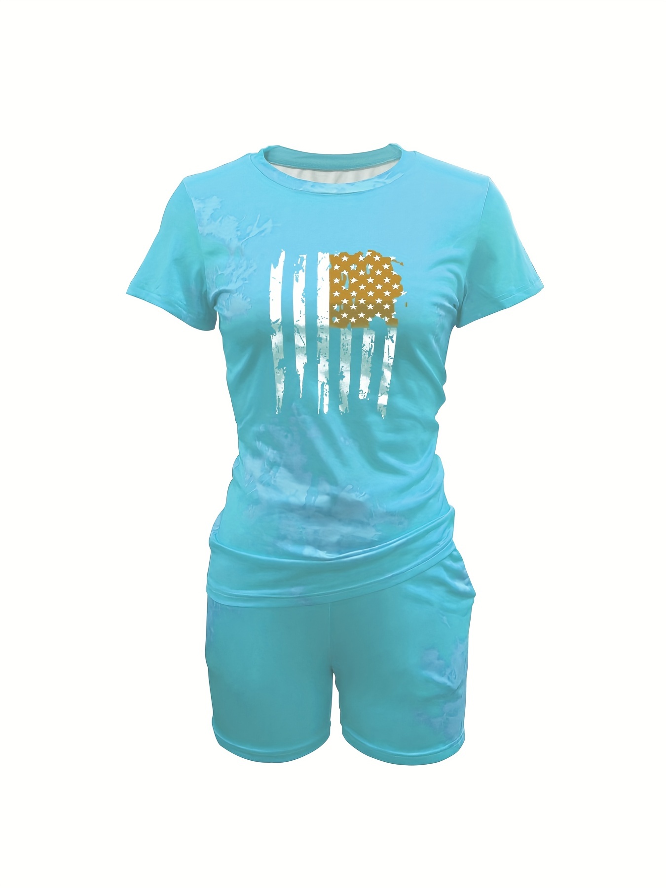 Flag Print Short Sleeve T shirt & Biker Shorts Set