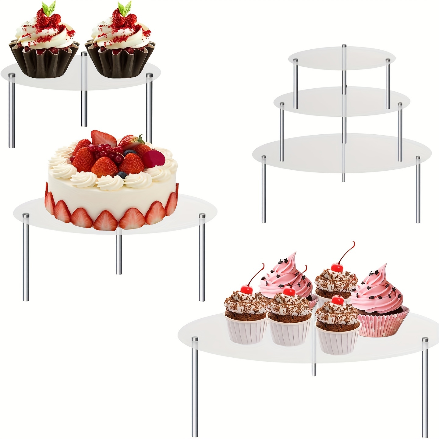 Lot de 7 Présentoirs à gâteaux support métal 3 niveaux pour Cupcakes pour  Fête de Mariage, Fête d'anniversaire blanc
