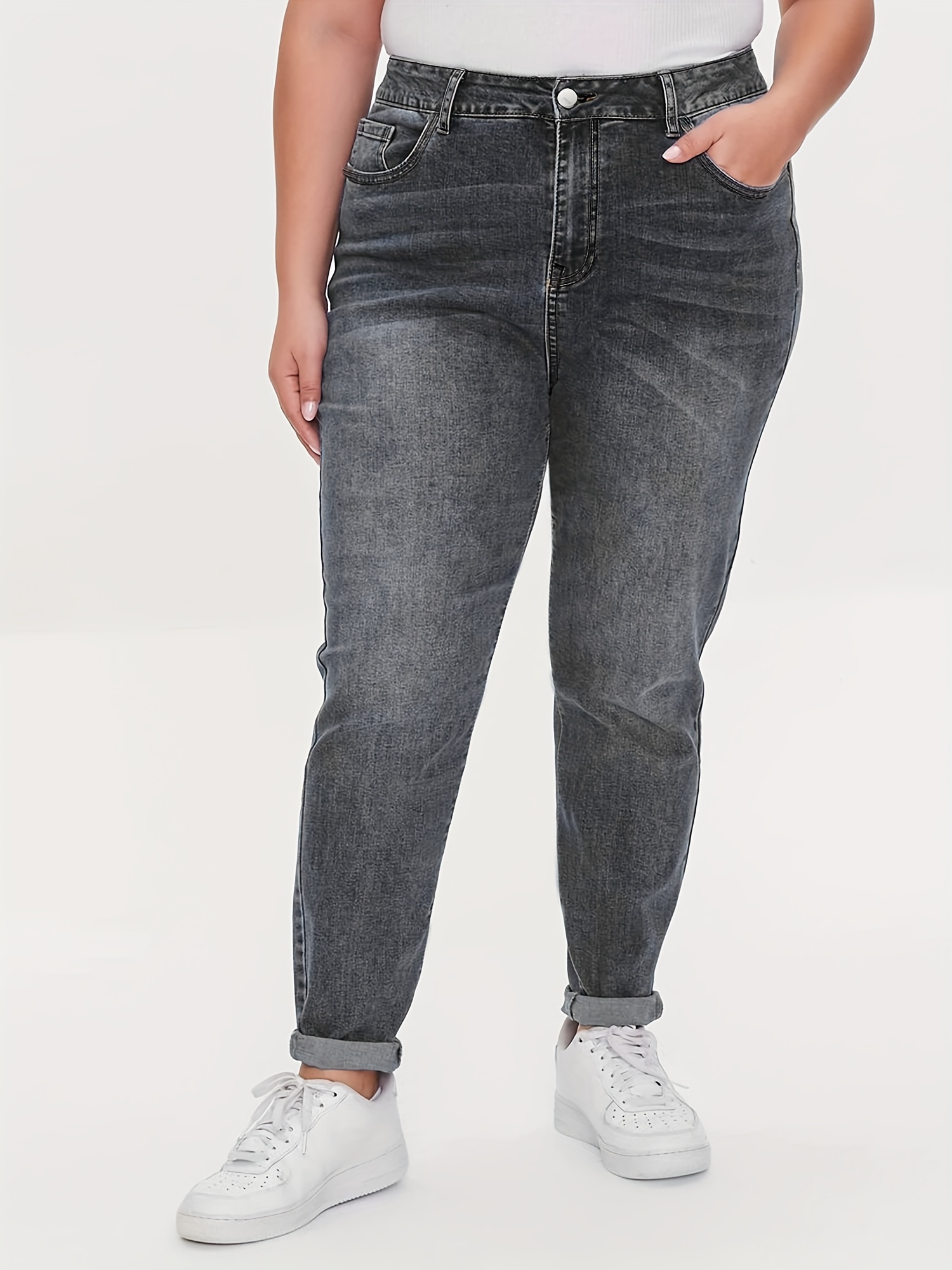 Plus Size Casual Jeans Women's Plus Washed Button Fly Rolled