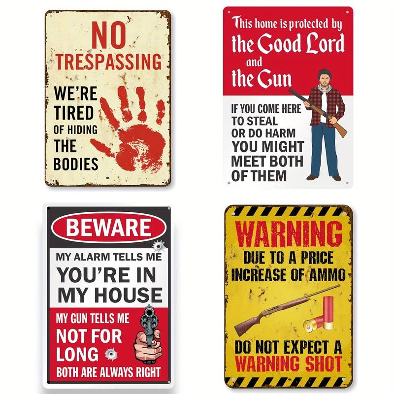 1pc Metal Tin Hanging Sign, Do Not Expect A Warning Shot  Funny No Trespassing Sign With Gun Graphic, Laminated Rustproof Tin, Vintage Metal Tin Signs Wall Art Decor For Home Bars Clubs Cafes, 8x12inch