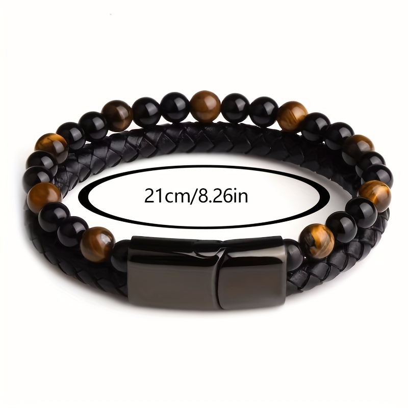 Double Layer Leather Braided Bracelet, Natural Tiger Eye Stone