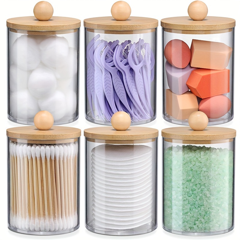 1pc Clear Makeup Puff Storage Container With Bamboo Lid, Organizer