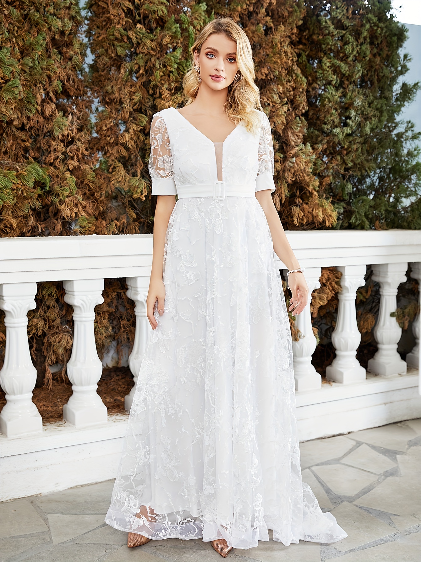 Contrast Lace V Neck Wedding Dress, Elegant Short Sleeve Maxi Dress,  Women's Clothing
